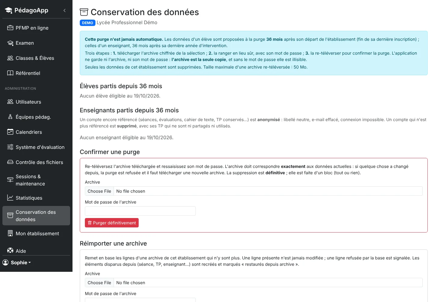Page Conservation des données : durées de conservation, élèves concernés par une purge, simulation puis confirmation.
