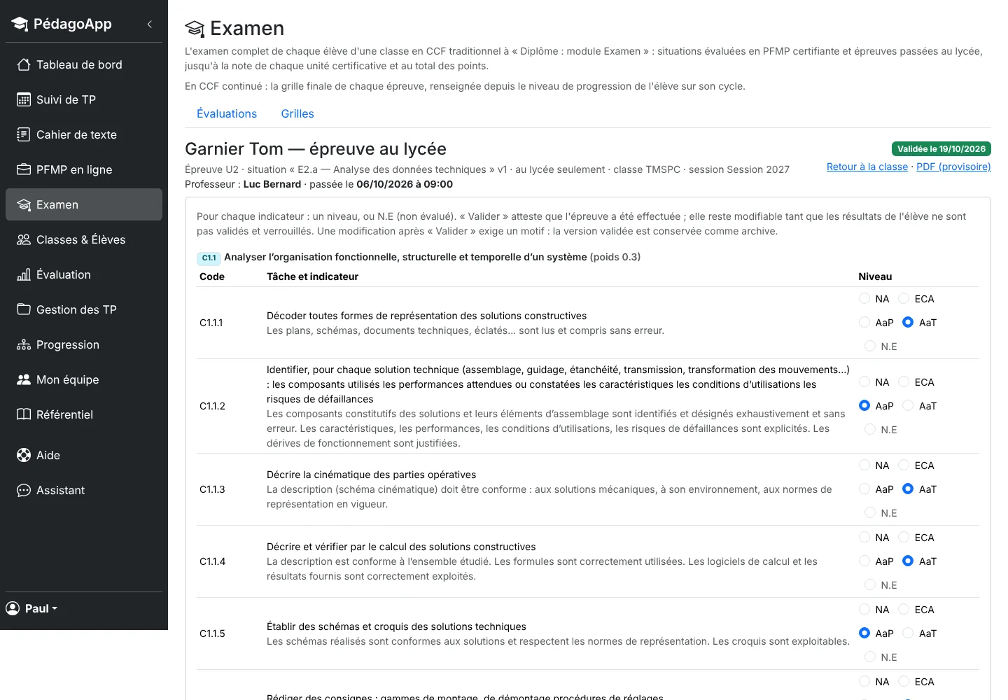 Feuille d'une épreuve en mode Examen : compétences, indicateurs, niveau par indicateur, note brute et note retenue.